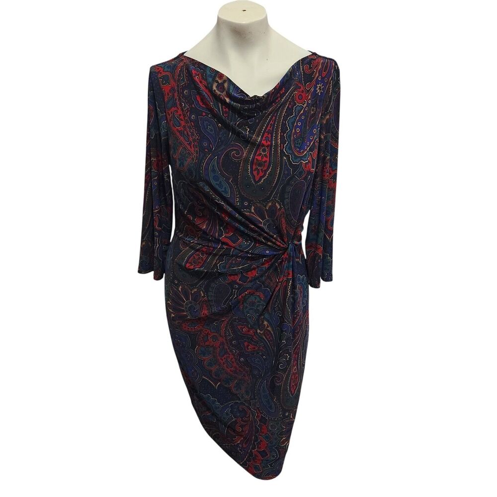 Lauren Ralph Lauren Paisley Wrap Dress 6 Navy Red Blue Sheath Midi
